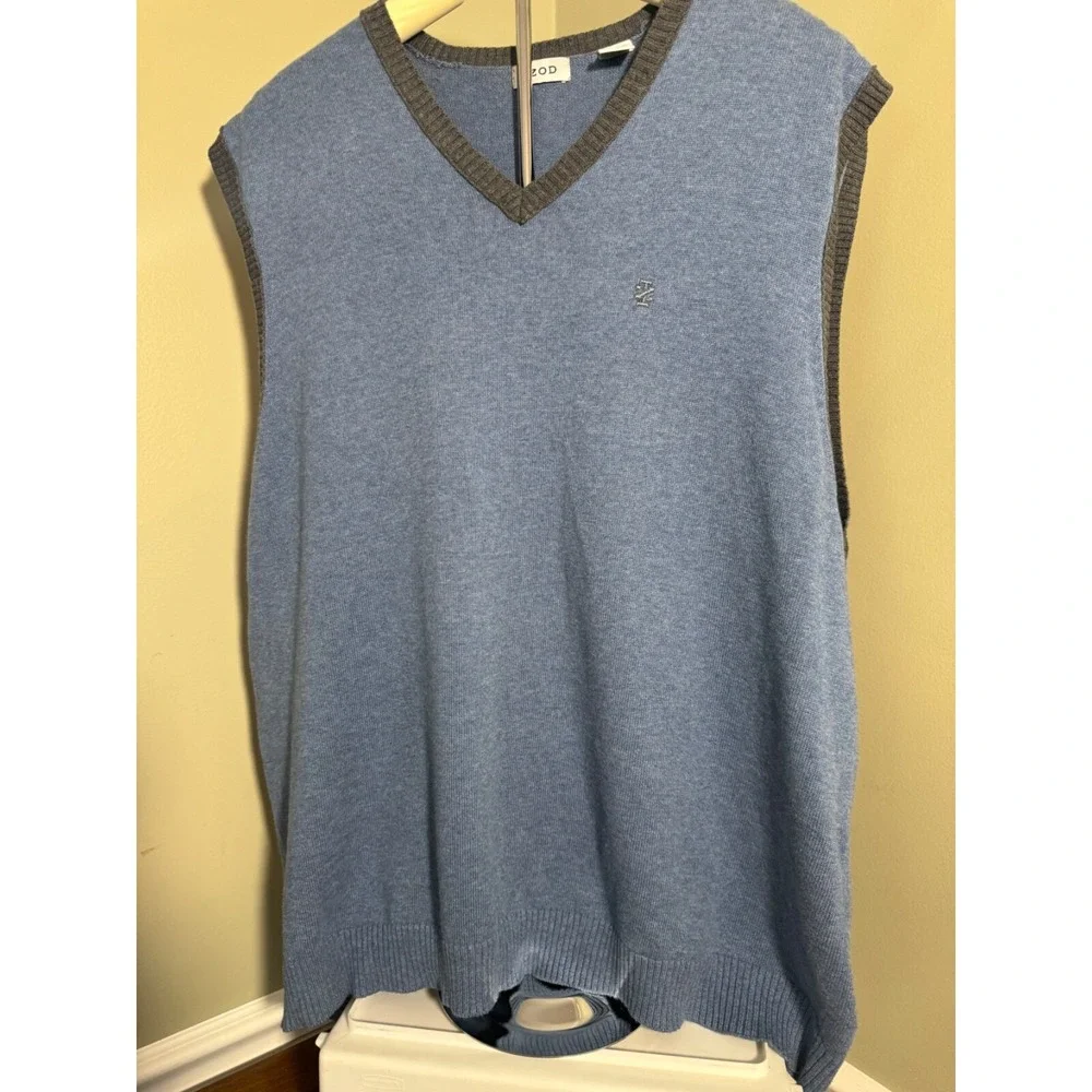 IZOD Mens V-Neck Sweater Vest XXL Blue Gray 100% Cotton Knit Sleeveless Pullover